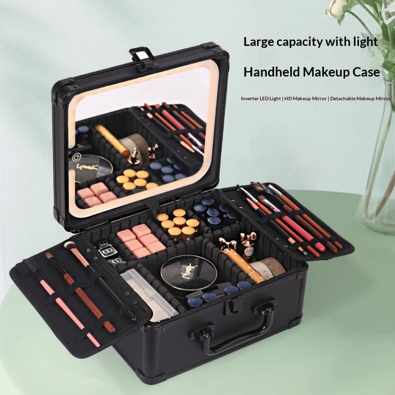 Large-capacity Cosmetic Case With Magnetic Lighting And Mirror Storage