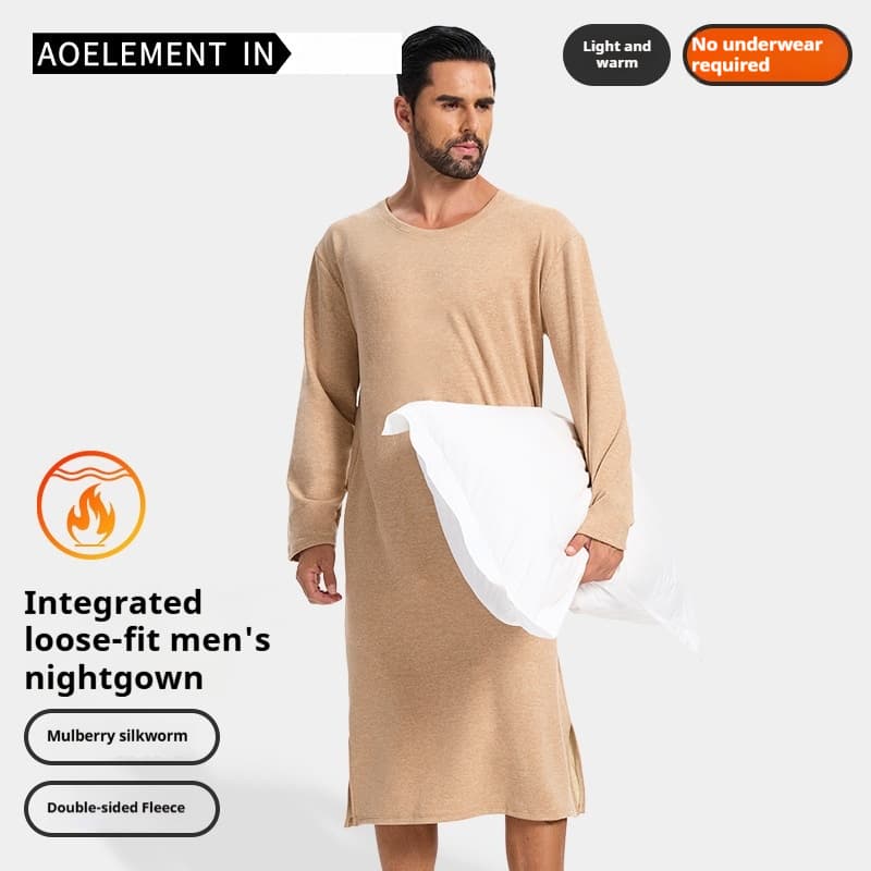 Mens AutumnWinter Long-Sleeve One-Piece Nightdress Knee-Length Bathrobe Long Nightgown