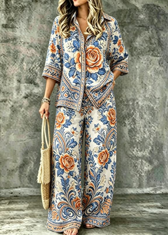 Womens Digital-Print SpringSummer Shirt Set