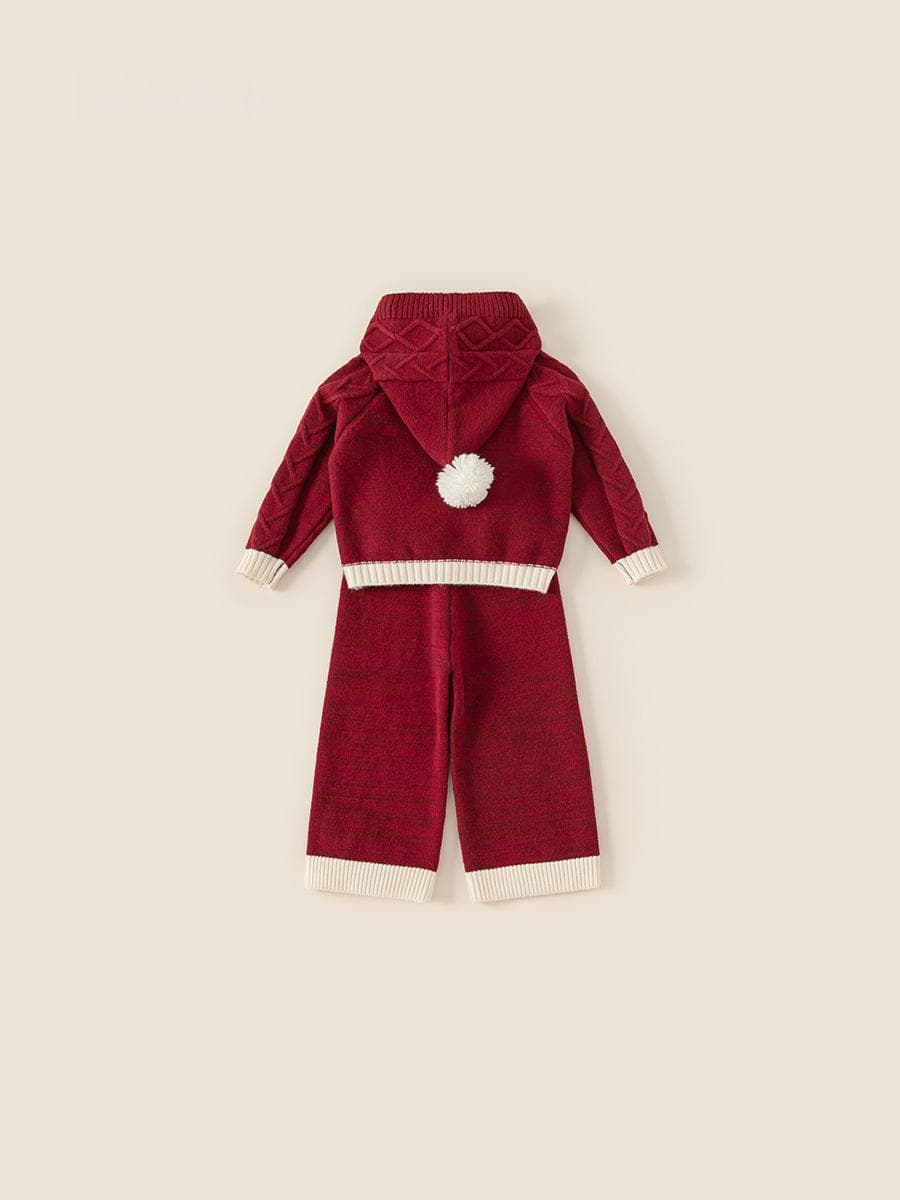 Girls Knitted Set Red AutumnWinter Hooded Cardigan And Sweater Pants