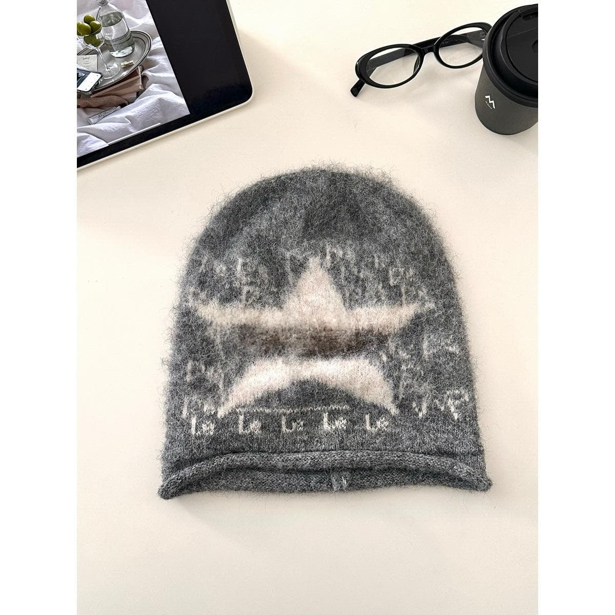 Slouchy Beanie Warm Cotton Star Embroidery Roll Edge