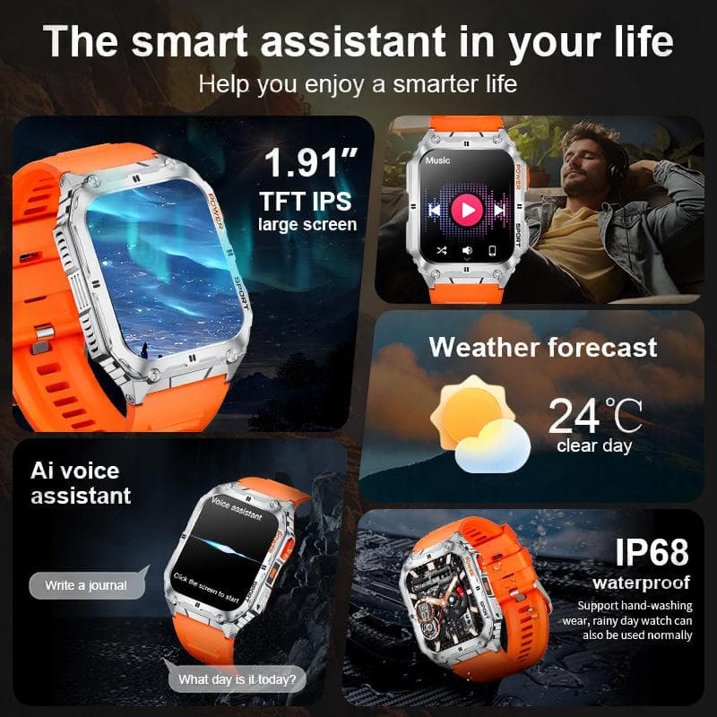 Mens Smart Call Watch Multi-function Alarm Weather Heart Rate And Music