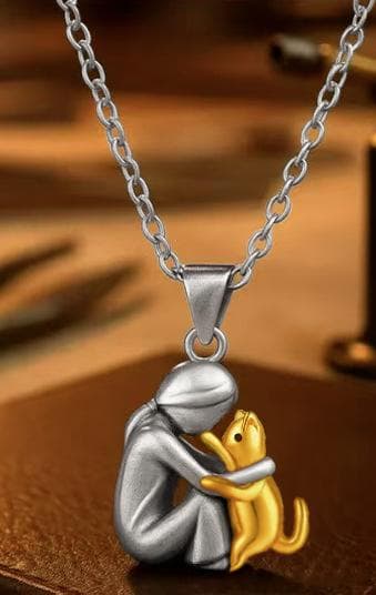 BoyGirl And Pet Cat Hugging Copper-Plated Necklace