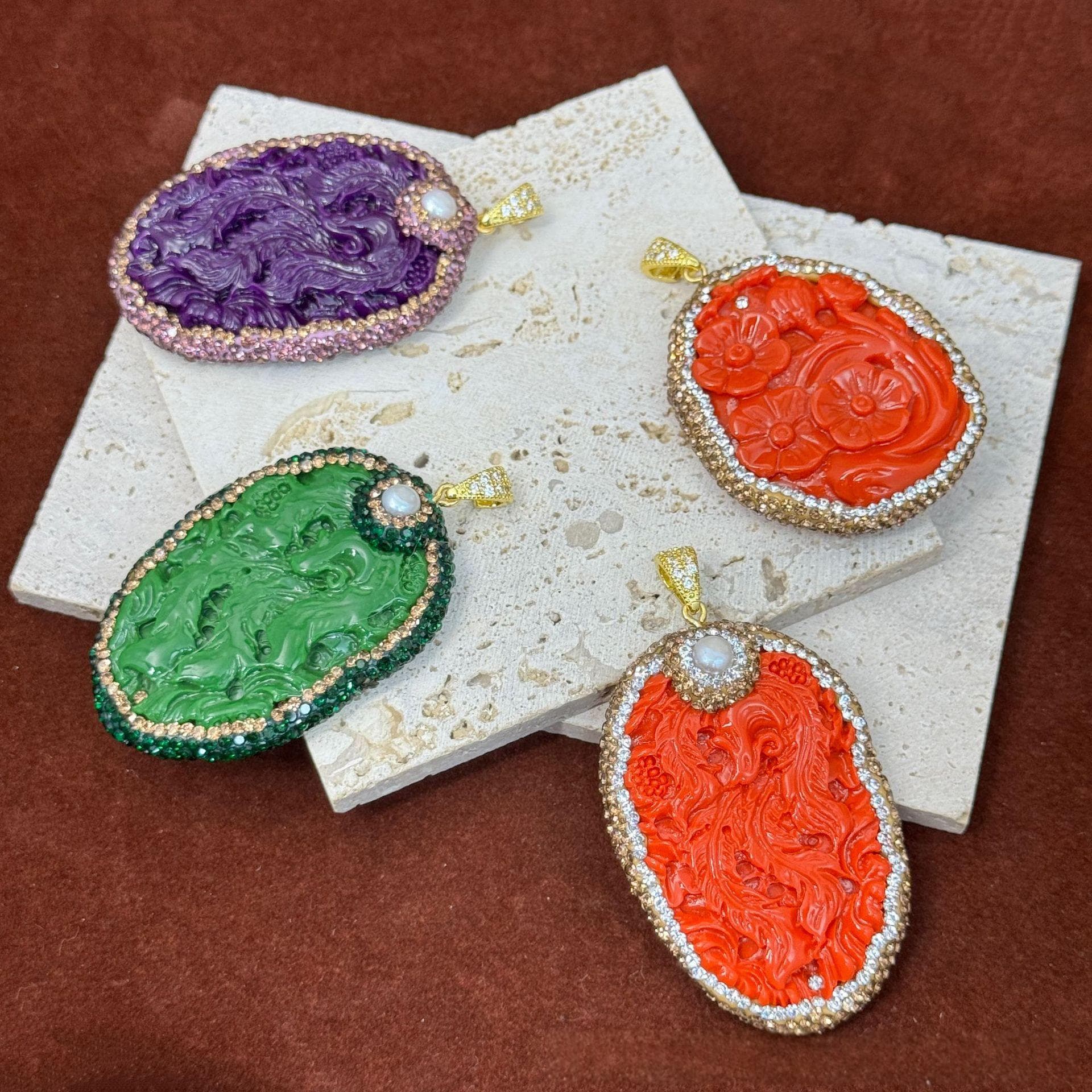 Neo-Chinese Totem-carved Inlay Necklace Pendant