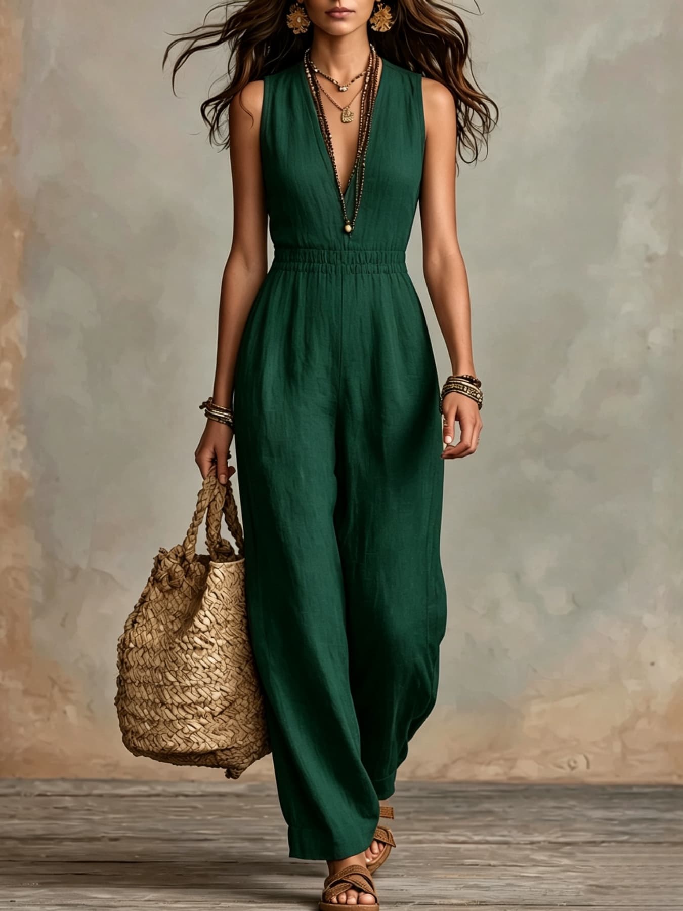 Women's Solid-Color Halter Neck V-Neck Slim-Fit Jumpsuit