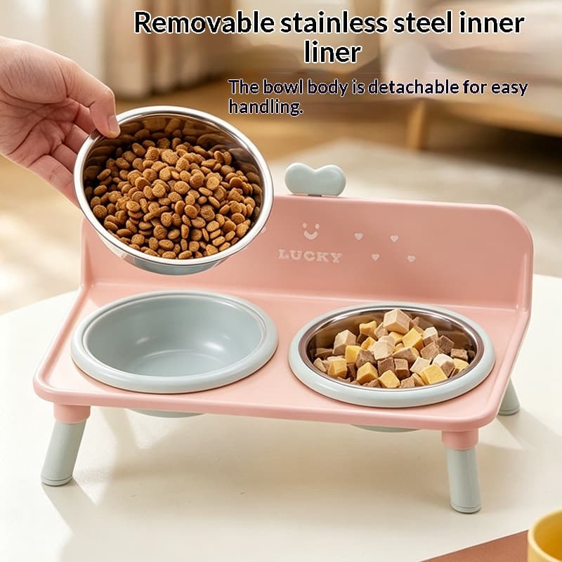 Stainless Steel Elevated Double Bowl With Non-slip And Tip-resistant Design