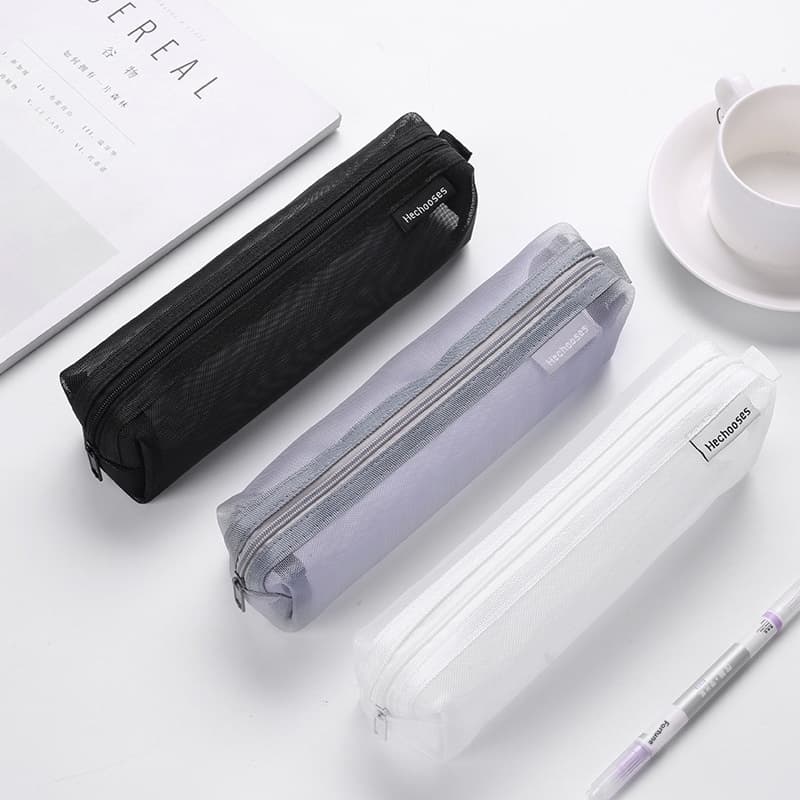 Thickened Square Minimalist Transparent Mesh Pencil Case, Large-capacity Pencil Box, Student Exam Stationery Bag, Storage Boxwholesale
