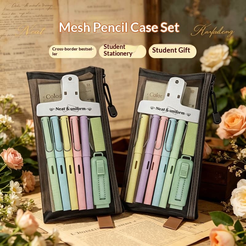 Dopamine Color Mesh Pencil Case Set - Large Capacity Transparent Stationery Storage Bag For Students School Supplies