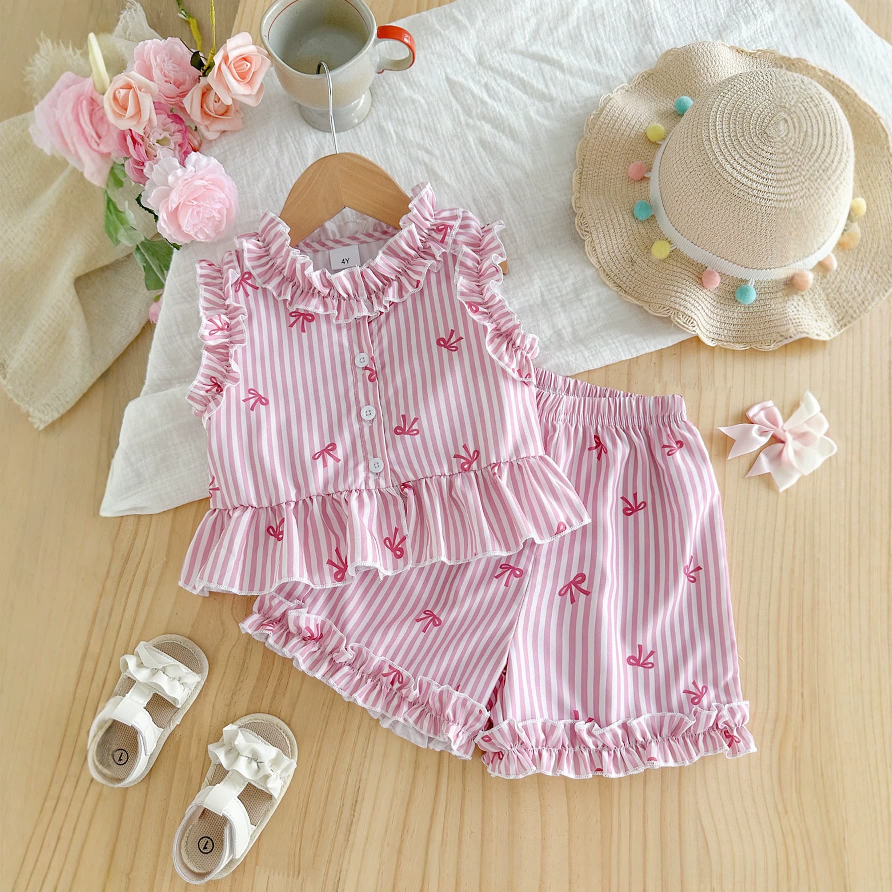 Baby Girl Cotton Striped Vest and Shorts Set - Button Up Sleeveless Top with Lace Trim Summer Outdoor Clothing