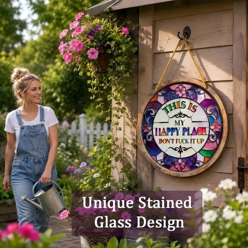 Stained Glass Happy Place Hanging Decor - Colorful Window Art Suncatcher for Home Garden Interior Decoration