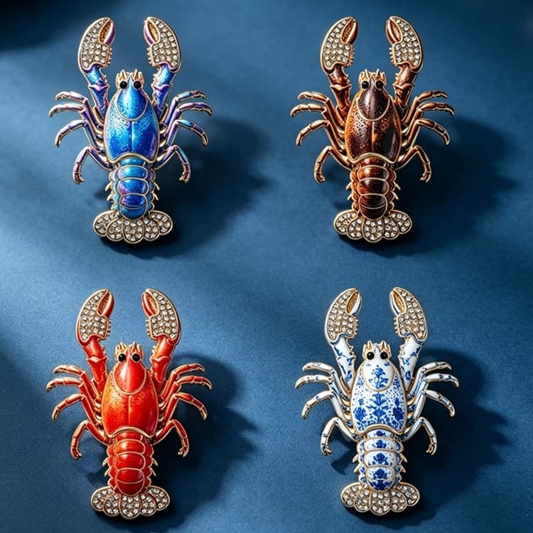Colorful Lobster Brooch With Diamond Accents Ocean Inspired Floral Corsage