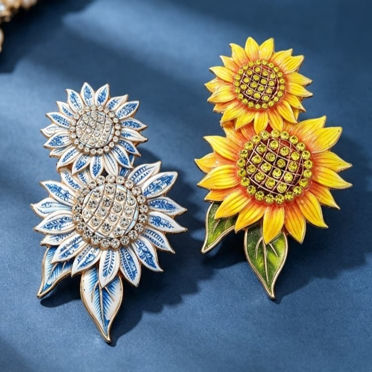 Retro Sunflower Brooch Oil-drop Style Diamond-encrusted Flower Pin