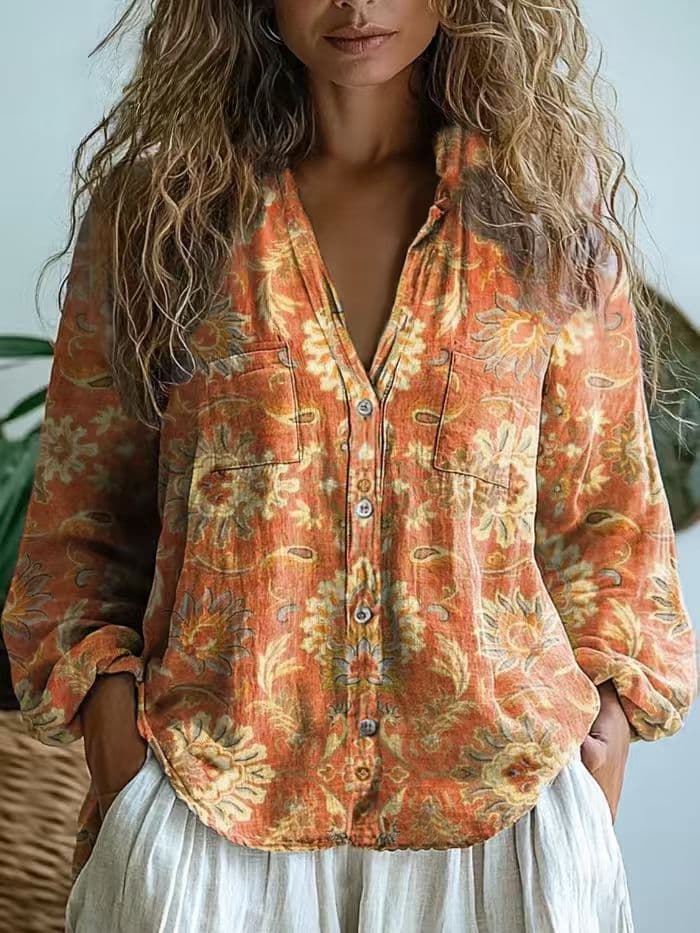 V-neck Printed Slub Linen Shirt