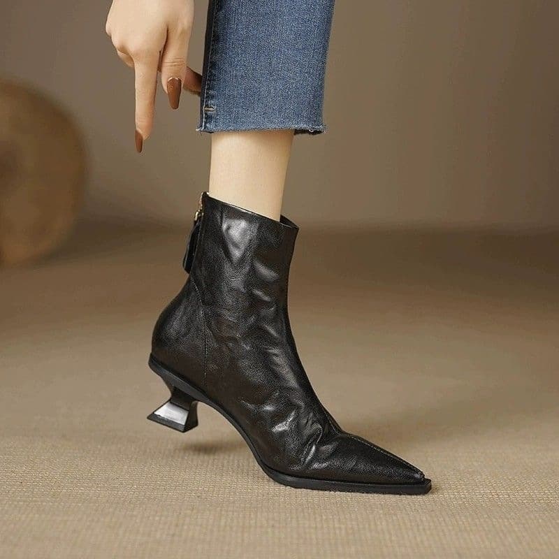 Women's Black Pointed Toe Kitten Heel Ankle Soft Leather French Retro Slim Fit Short Boots For Autumn Winter