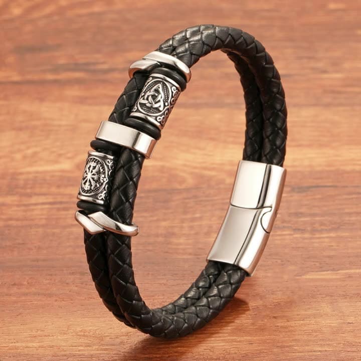 Handmade Black Leather Nordic Viking Double-strand Beaded Necklace With Zinc Alloy