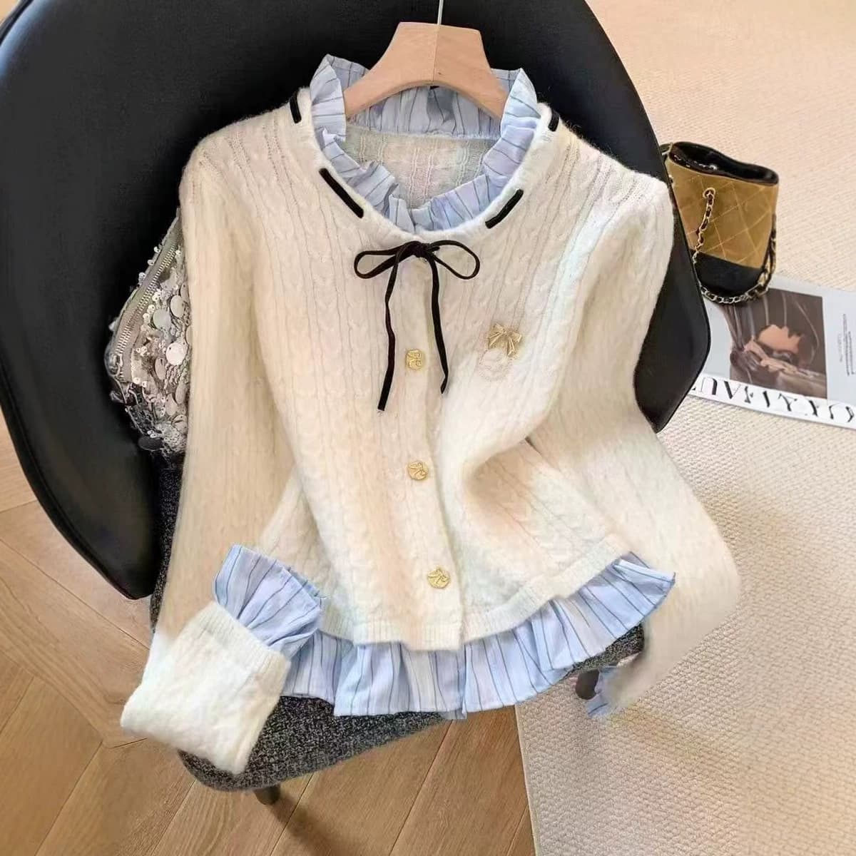 French Style Ruffled Panel Faux Two Piece Knit Top